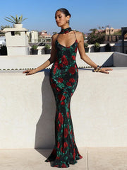 Floral Print Backless Maxi Dress