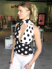 Contrast Polka Dot Cross Scarf Vest Two Wears Short Top