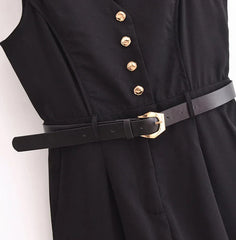 Side Zipper Belt Sleeveless Black Romper