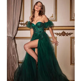 Heart Neck Tulle Prom Dress Puffy Sleeves Side Split