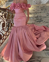 3D Flower Open Shoulder Pink Prom Dress