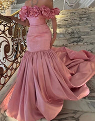 3D Flower Open Shoulder Pink Prom Dress