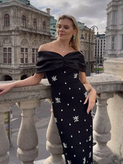 Off Shoulder Black Pleated Sleeves Crystal Dress