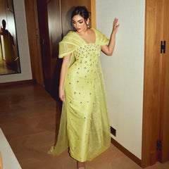 Beaded Yellow Evening Gown with Cape Sleeves