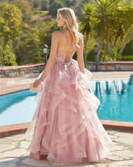 Glitter Lace Appliqué Pink Fluffy Ruffles Prom Dress