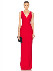 Deep V Neck Red Sleeveless Bodycon Long Dress