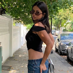 Twisted One Shoulder Asymmetrical Crop Tops Black