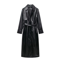 Lapel Pocket Belt Faux Leather Long Coat