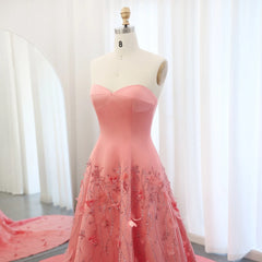 Coral Pink 3D Floral Evening Gown with Feathers