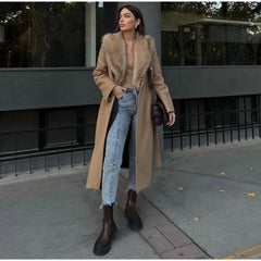 Wool Lace-Up Fur Lapel Thick Over Coat