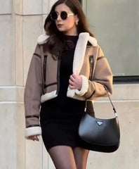 Velvet Zipper Fly Turn Down Collar Crop Jackets