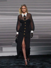 Lapel Mesh Patchwork Button Black Long Dress