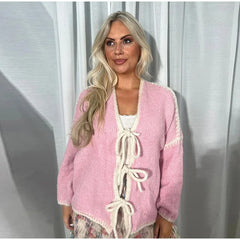 Oversized Hollow Contrast Bow Lace-Up Knitwear Cardigan