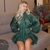 Long Lantern Sleeve Blouse and Pleated Skirt Suit