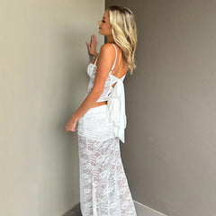White Halter Top And Sheer Mesh Long Skirt Suit
