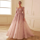 Dusty Pink Long Sleeve Formal Prom Gown