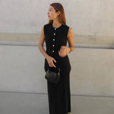 Knitted Sleeveless Top Slit High Waist Long Skirt Suit