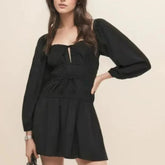 Bow Square Collar Puff Long Sleeve Elastic Waist Mini Dress