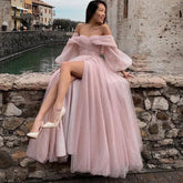 Off The Shoulder Long Puff Sleeve Slit Prom Dress