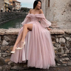 Off The Shoulder Long Puff Sleeve Slit Prom Dress