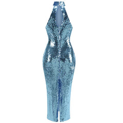 High neck bead wrapped hip skirt slit sequin dress