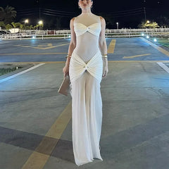 White See-Through Pleated Mesh Long Dress