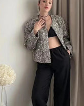 Silver Sequin Embellished Round Neck Short Coat