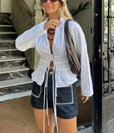 White Ruffle Tied Long Sleeve Women's Blouse