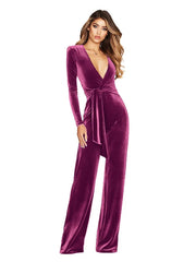 Samt-Jumpsuit mit elastischem, tiefem V-Ausschnitt und Gürtel