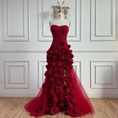 Red Flower Tulle Embroidered Strapless Maxi Dress