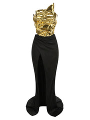 Gold Lace-up Tops 2 Pieces Floor-length Dress