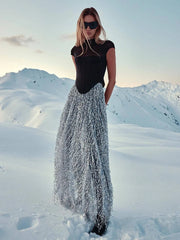 Black Fishbone Top Sequin Mesh Long Skirt Set