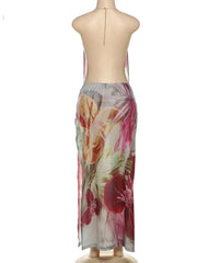 Floral Print Backless Halter Dress with Split for Women
