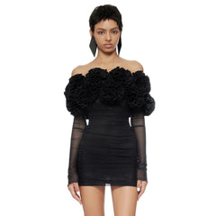 Black Mesh Full Sleeve Ruffles Mini Dress