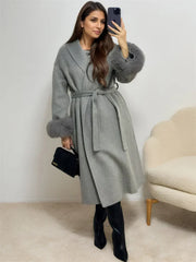 Lace-Up Fur Fluffy Lapel Long Sleeve Overcoat