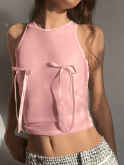 Transparentes Tanktop aus Netzstoff mit Schleife in Rosa