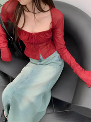 Top fruncido con encaje transparente