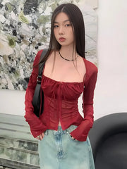 Top fruncido con encaje transparente