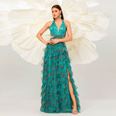 Sleeveless V neck Halter Long Floor Length Wedding Evening Dress Large Swing