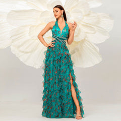 Sleeveless V neck Halter Long Floor Length Wedding Evening Dress Large Swing