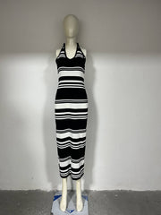 Slimming Sleeveless Halter Backless Striped Knitted Dress Casual Waist Tight Beach Bohemian
