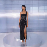 Socialite Dress Black Slim Set Diamond Mesh Boning Corset One Shoulder Split Bandage Dress