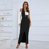 Special Interest Dress Knitted One Shoulder Color Matching Cocktail Maxi Dress