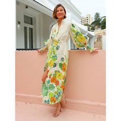 Vestido holgado informal de manga larga con estampado de botonadura sencilla