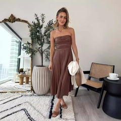 Wrapped Chest Pleated Leather Dress Casual Loose All Matching