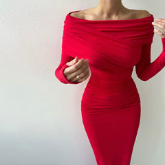 Off Shoulder Long Sleeve Waist Controlled Hip Dress Elegant Retro Red