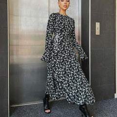 Elegant Flare Sleeve Floral Dress round Neck Waist Trimming Design Maxi Dress