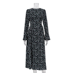 Elegant Flare Sleeve Floral Dress round Neck Waist Trimming Design Maxi Dress