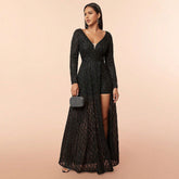 Elegant Dress Deep V Plunge Mesh Sequ Long Sleeve Cocktail Dress