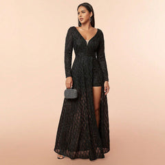 Elegant Dress Deep V Plunge Mesh Sequ Long Sleeve Cocktail Dress